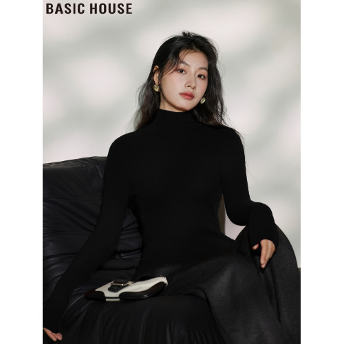 Basic House/百家好高領打底衫女裝秋季綿羊毛針織衫修身紅色上衣