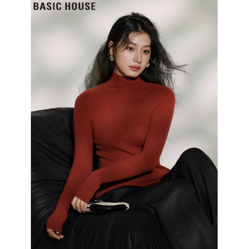 Basic House/百家好高領打底衫女裝秋季綿羊毛針織衫修身紅色上衣