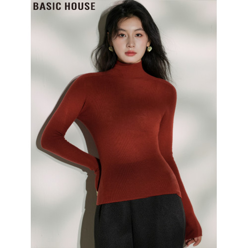 Basic House/百家好高領打底衫女裝秋季綿羊毛針織衫修身紅色上衣