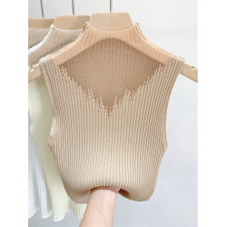 品牌撤櫃網紗半高領針織吊帶背心曡穿內搭打底衫蕾絲無袖坎肩馬甲