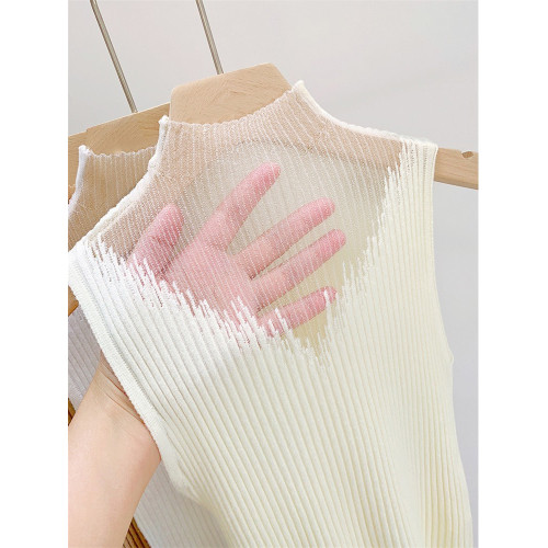 品牌撤櫃網紗半高領針織吊帶背心曡穿內搭打底衫蕾絲無袖坎肩馬甲