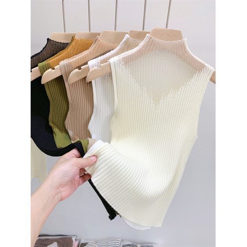 品牌撤櫃網紗半高領針織吊帶背心曡穿內搭打底衫蕾絲無袖坎肩馬甲