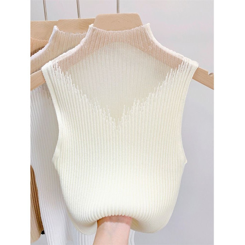 品牌撤櫃網紗半高領針織吊帶背心曡穿內搭打底衫蕾絲無袖坎肩馬甲