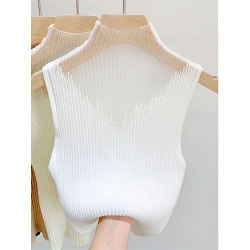 品牌撤櫃網紗半高領針織吊帶背心曡穿內搭打底衫蕾絲無袖坎肩馬甲