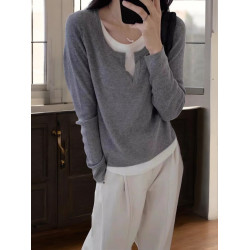 Basic House/百家好假兩件V領內搭打底衫女早秋小個子黑色針織衫