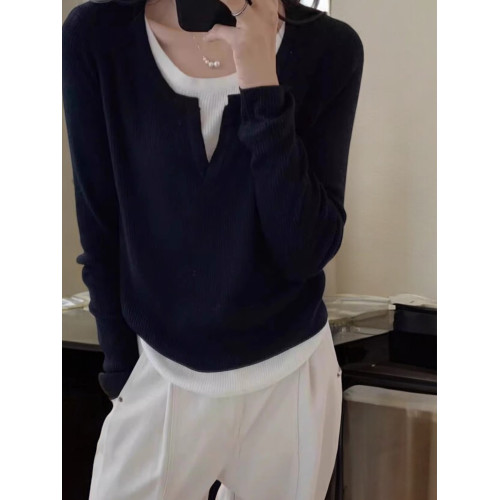 Basic House/百家好假兩件V領內搭打底衫女早秋小個子黑色針織衫