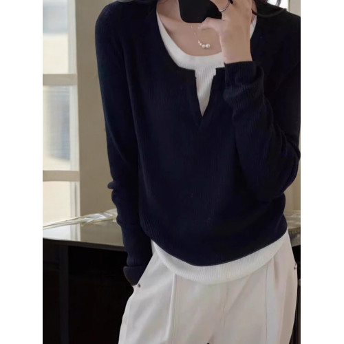 Basic House/百家好假兩件V領內搭打底衫女早秋小個子黑色針織衫