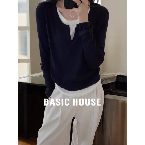Basic House/百家好假兩件V領內搭打底衫女早秋小個子黑色針織衫