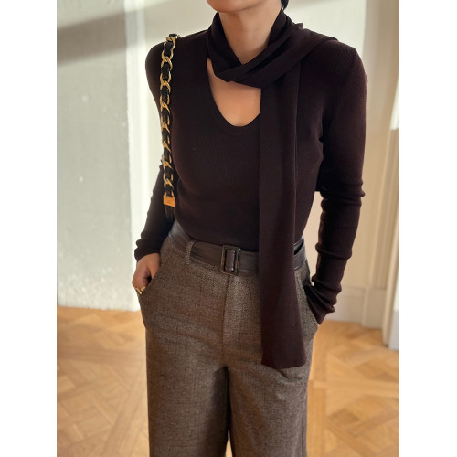 【織夢】設計感純色羊毛飄帶長袖針織衫女春季修身顯瘦洋氣打底衫