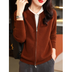 拉鍊加厚圓領外穿羊絨毛衣開衫女秋冬新款純色休閒羊毛針織打底衫