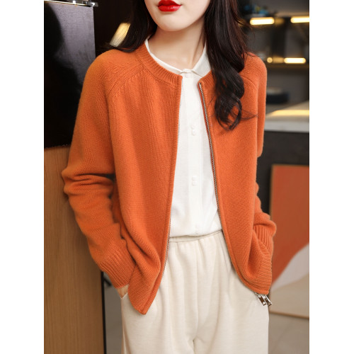 拉鍊加厚圓領外穿羊絨毛衣開衫女秋冬新款純色休閒羊毛針織打底衫