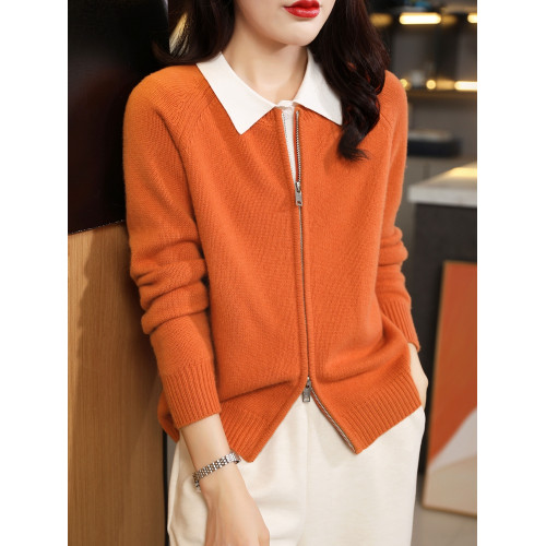 拉鍊加厚圓領外穿羊絨毛衣開衫女秋冬新款純色休閒羊毛針織打底衫