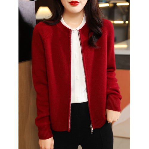 拉鍊加厚圓領外穿羊絨毛衣開衫女秋冬新款純色休閒羊毛針織打底衫