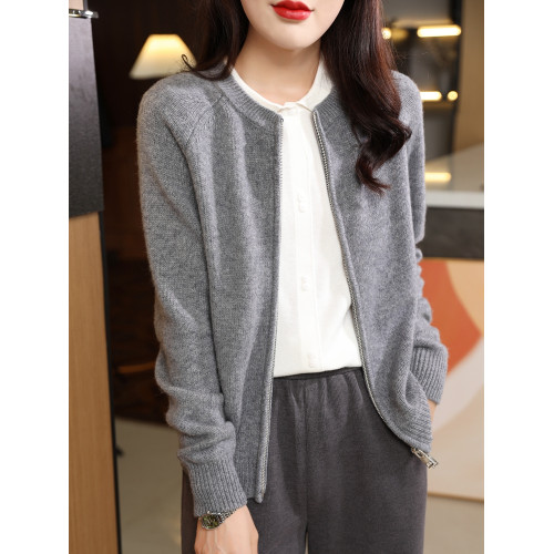 拉鍊加厚圓領外穿羊絨毛衣開衫女秋冬新款純色休閒羊毛針織打底衫