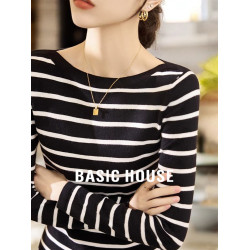 Basic House/百家好一字領針織打底衫女早秋黑白條紋長袖內搭上衣