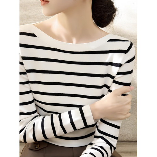 Basic House/百家好一字領針織打底衫女早秋黑白條紋長袖內搭上衣