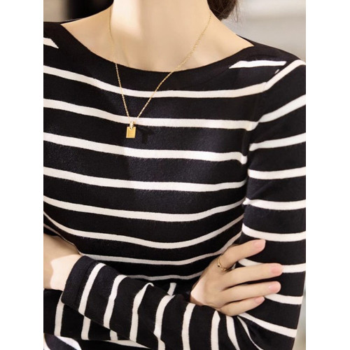 Basic House/百家好一字領針織打底衫女早秋黑白條紋長袖內搭上衣