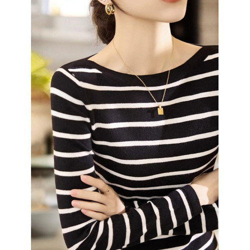 Basic House/百家好一字領針織打底衫女早秋黑白條紋長袖內搭上衣