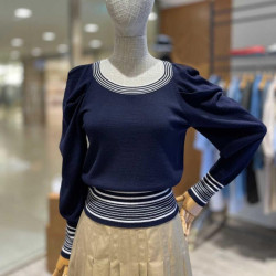 低圓領撞色條紋毛衣女春季新款設計感羊毛長袖針織打底衫顯瘦上衣