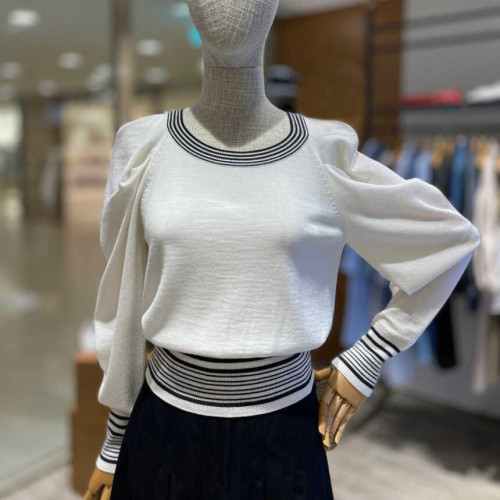 低圓領撞色條紋毛衣女春季新款設計感羊毛長袖針織打底衫顯瘦上衣