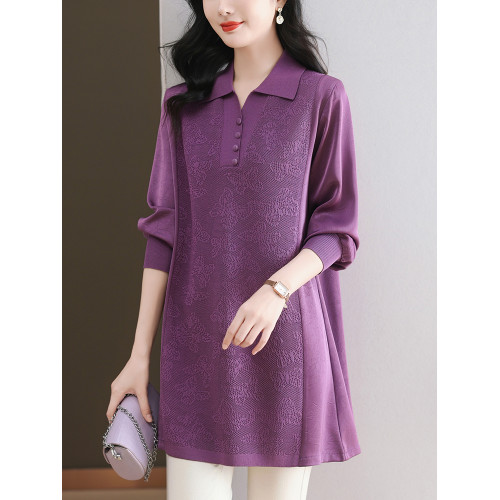 大碼女裝春裝中長款冰絲針織衫洋氣翻領上衣胖媽媽寬松薄款打底衫