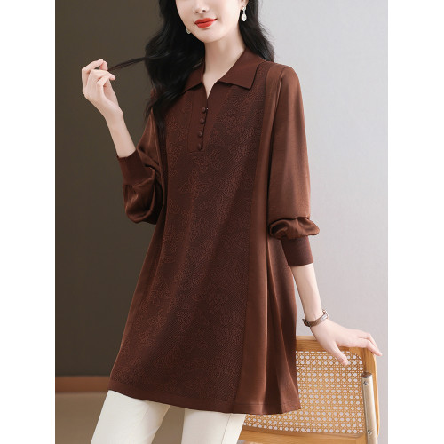 大碼女裝春裝中長款冰絲針織衫洋氣翻領上衣胖媽媽寬松薄款打底衫