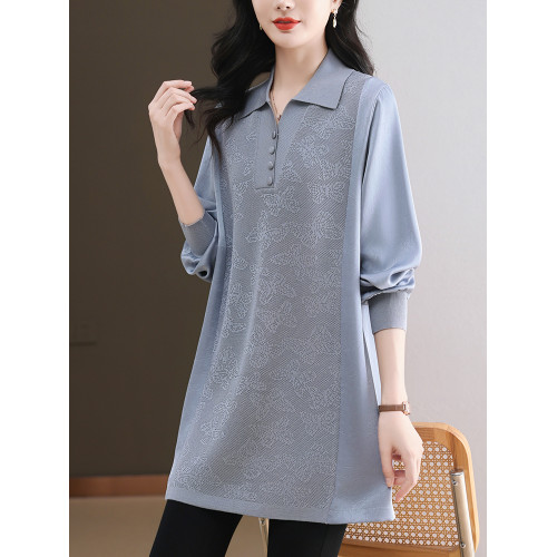 大碼女裝春裝中長款冰絲針織衫洋氣翻領上衣胖媽媽寬松薄款打底衫