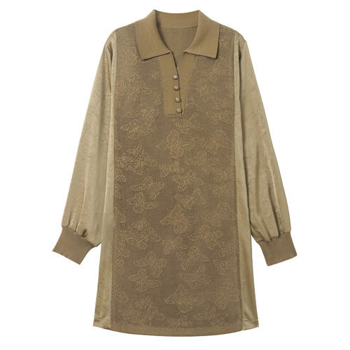 大碼女裝春裝中長款冰絲針織衫洋氣翻領上衣胖媽媽寬松薄款打底衫