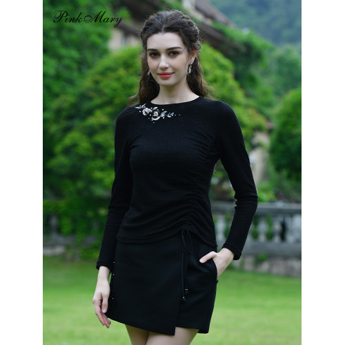 粉紅瑪琍毛衫女春秋新款黑色打底衫套頭上衣PMANW1019