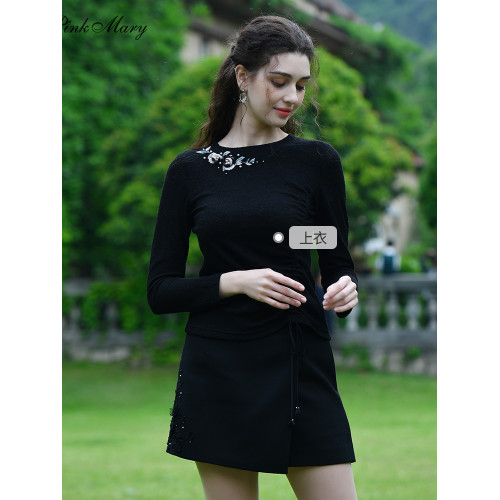 粉紅瑪琍毛衫女春秋新款黑色打底衫套頭上衣PMANW1019