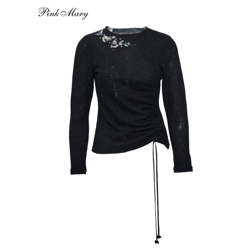 粉紅瑪琍毛衫女春秋新款黑色打底衫套頭上衣PMANW1019