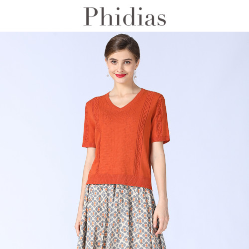PhidiasV領套頭短袖針織打底衫女2025年春夏新款簡約百搭毛衫上衣