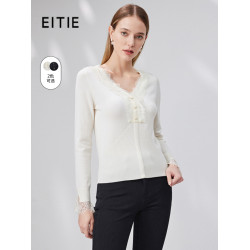 EITIE愛特愛時尚蕾絲拼接V領修身薄款純色針織打底衫秋季新款