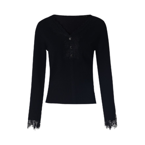 EITIE愛特愛時尚蕾絲拼接V領修身薄款純色針織打底衫秋季新款