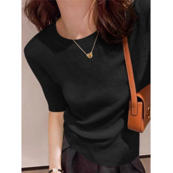 灰色半袖針織衫女2025春秋薄款修身顯瘦冰絲打底衫五分袖圓領上衣