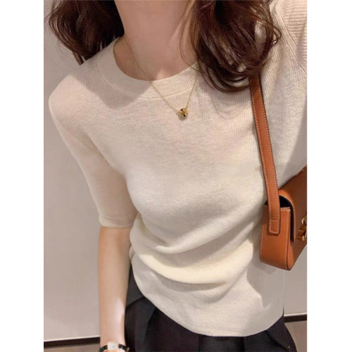 灰色半袖針織衫女2025春秋薄款修身顯瘦冰絲打底衫五分袖圓領上衣