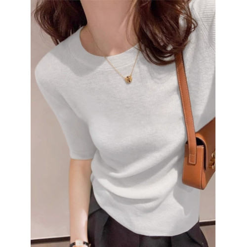 灰色半袖針織衫女2025春秋薄款修身顯瘦冰絲打底衫五分袖圓領上衣