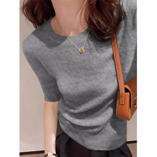 灰色半袖針織衫女2025春秋薄款修身顯瘦冰絲打底衫五分袖圓領上衣