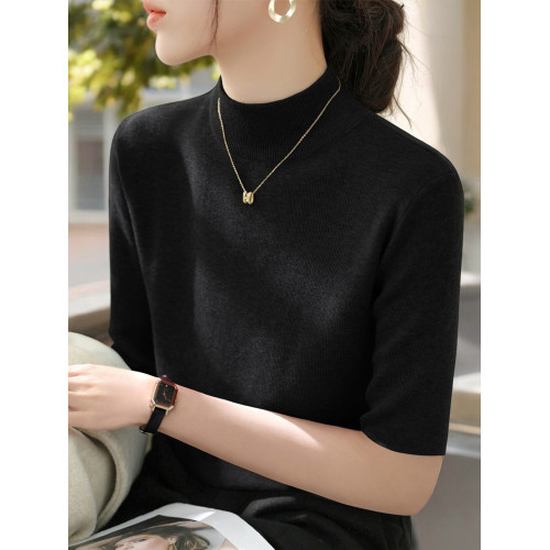 Basic House/百家好半高領五分袖針織衫女2025早秋新款中袖打底衫