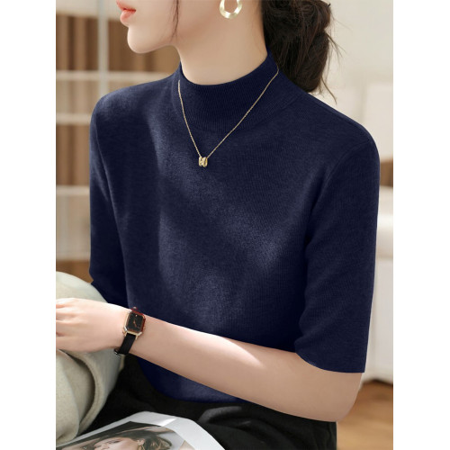 Basic House/百家好半高領五分袖針織衫女2025早秋新款中袖打底衫