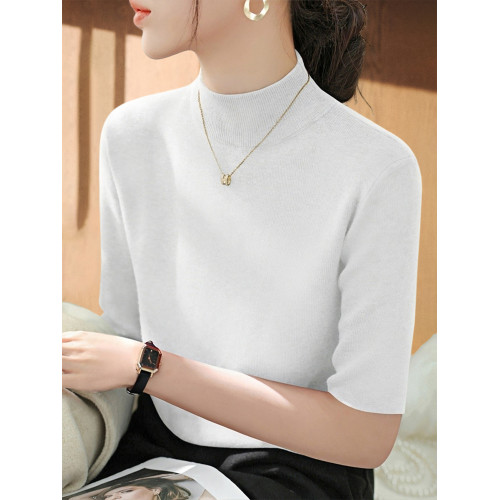 Basic House/百家好半高領五分袖針織衫女2025早秋新款中袖打底衫