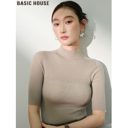 Basic House/百家好半高領中袖針織打底衫修身內搭上衣女秋季新款
