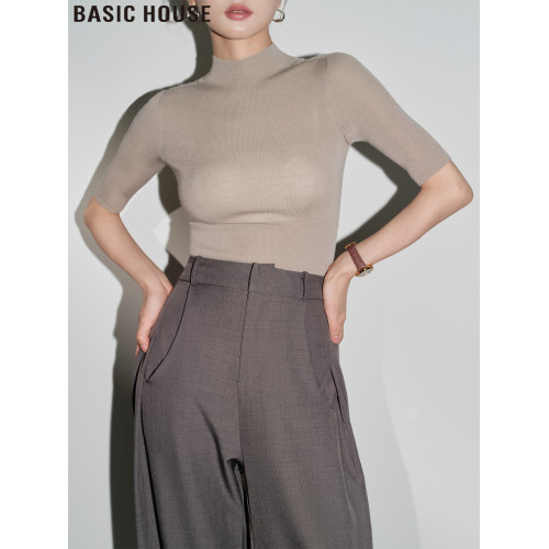 Basic House/百家好半高領中袖針織打底衫修身內搭上衣女秋季新款
