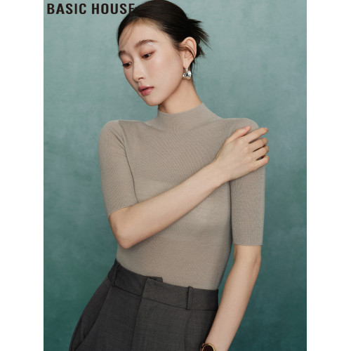 Basic House/百家好半高領中袖針織打底衫修身內搭上衣女秋季新款