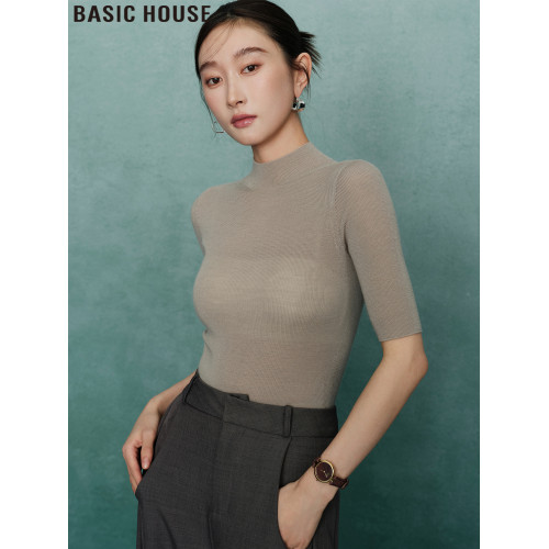 Basic House/百家好半高領中袖針織打底衫修身內搭上衣女秋季新款