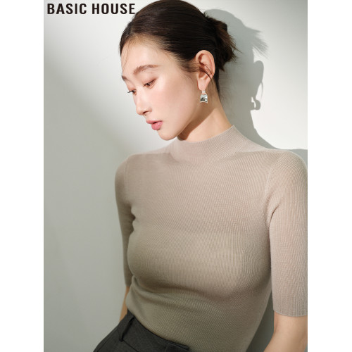 Basic House/百家好半高領中袖針織打底衫修身內搭上衣女秋季新款