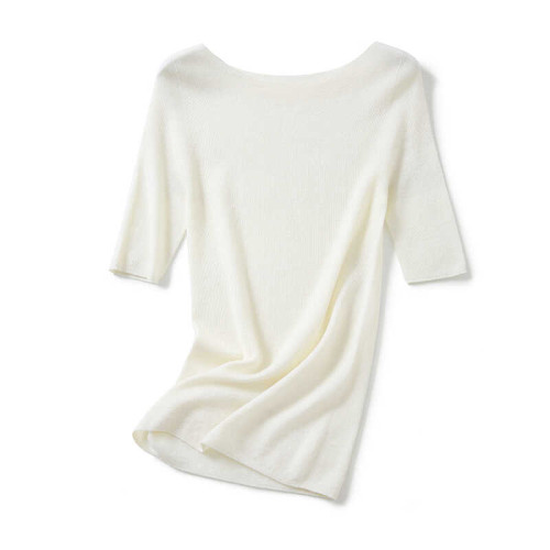 爆/無縫一體18針系列/60支超細精紡羊毛中袖一字領針織修身打底衫