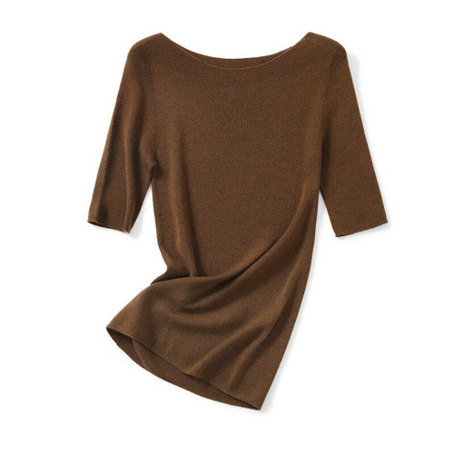 爆/無縫一體18針系列/60支超細精紡羊毛中袖一字領針織修身打底衫