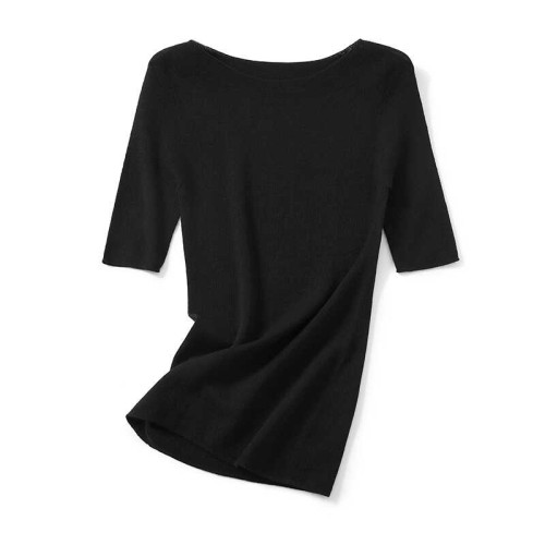 爆/無縫一體18針系列/60支超細精紡羊毛中袖一字領針織修身打底衫