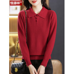 恒源祥羊毛衫女翻領針織打底衫秋裝2023新款洋氣媽媽毛衣春秋上衣